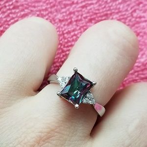 925 Sterling Silver Women Ring Square RainbowStone